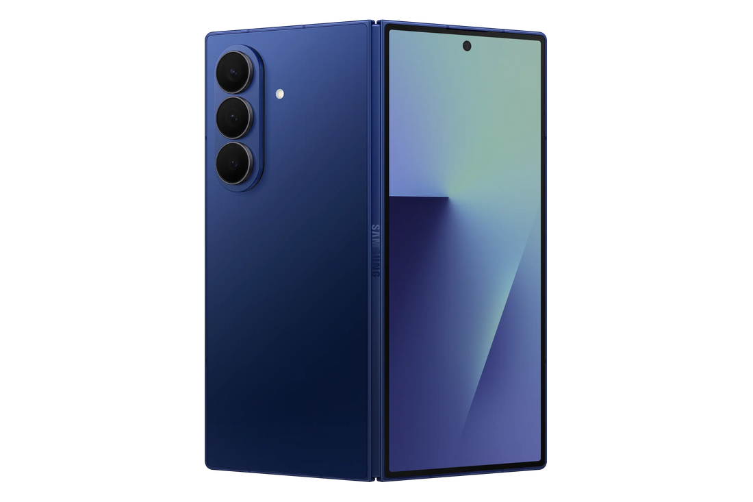 Samsung Galaxy Z Fold 7 foldable phone, blue back with triple camera, open