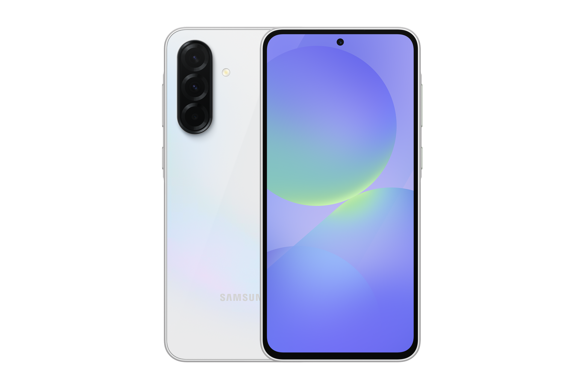 Galaxy A36 5G phone, white back and front view with dual camera