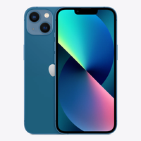 iPhone 13 5G front view in blue with colorful wallpaper