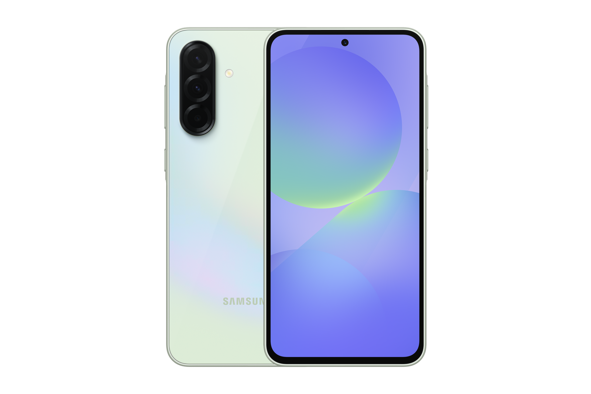 Galaxy A36 phones shown: lime back and lavender front with abstract wallpaper