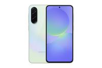 Galaxy A36 phones shown: lime back and lavender front with abstract wallpaper