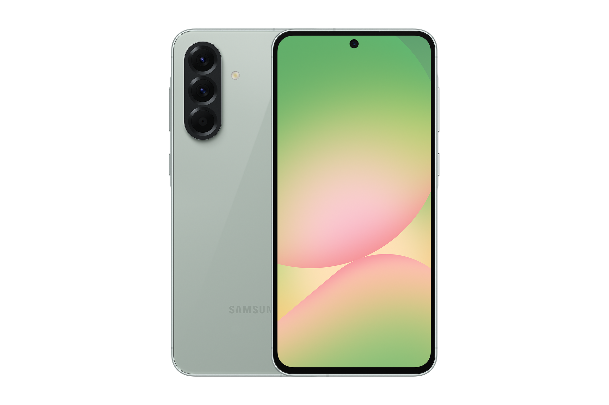 Samsung Galaxy A56 dual SIM smartphone in Olive, front view with green display wallpaper