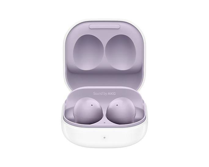 Galaxy Buds 2 earbuds in lavender, open charging case with purple-toned earbuds