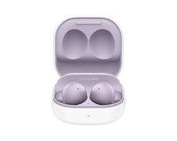 Galaxy Buds 2 earbuds in lavender, open charging case with purple-toned earbuds