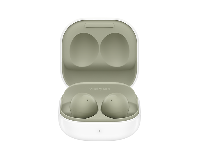 Galaxy Buds 2 earbuds in olive color, open white charging case with light earbuds