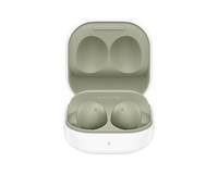Galaxy Buds 2 earbuds in olive color, open white charging case with light earbuds