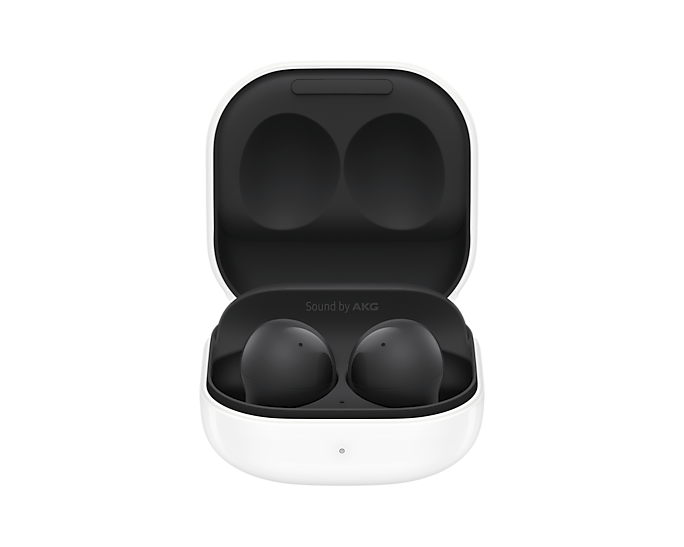 Galaxy Buds 2 earbuds in graphite case with dark earbuds, open charging case view