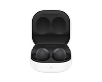 Galaxy Buds 2 earbuds in graphite case with dark earbuds, open charging case view