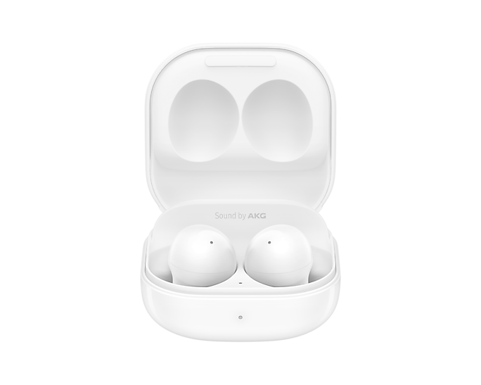 Galaxy Buds 2 earbuds in white, open charging case with bright white earbuds