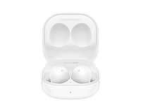 Galaxy Buds 2 earbuds in white, open charging case with bright white earbuds