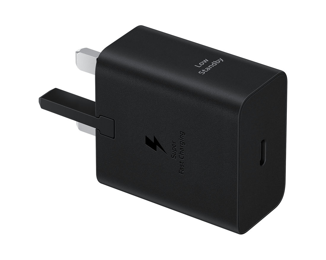 Black Super Fast Charging wall charger, USB-C port on front, angled view