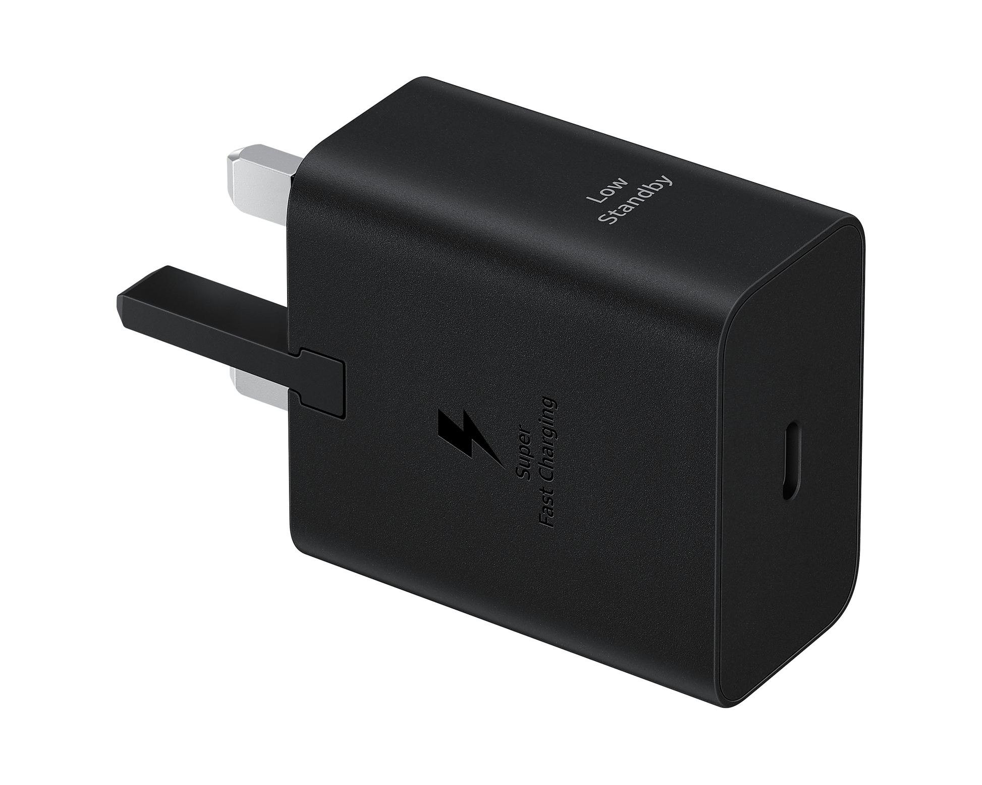 Black Super Fast Charging wall charger, USB-C port on front, angled view