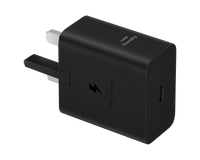 Black Super Fast Charging wall charger, USB-C port on front, angled view