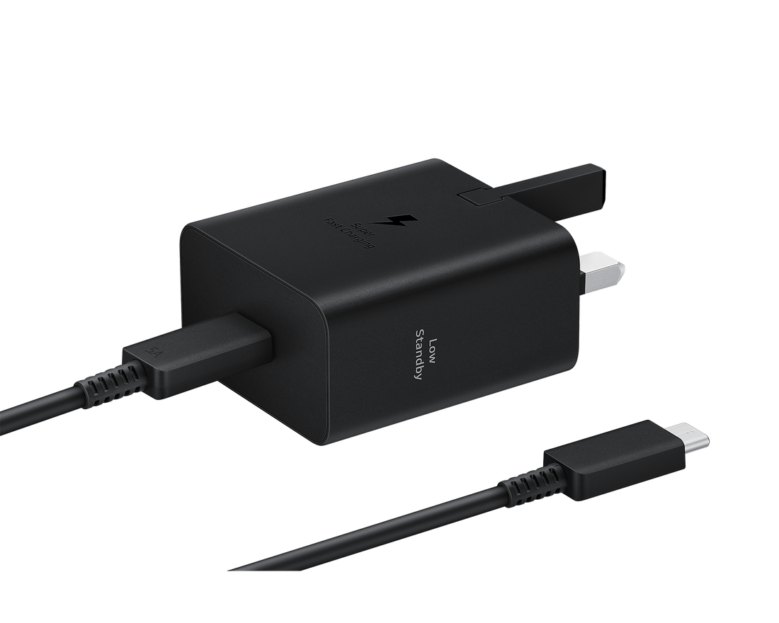 Black USB-C PD fast charger with attached cable, compact wall plug design