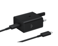 Black USB-C PD fast charger with attached cable, compact wall plug design