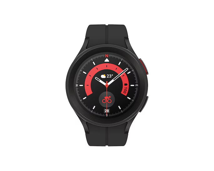 Black titanium smartwatch with round display, rotating bezel, black silicone strap