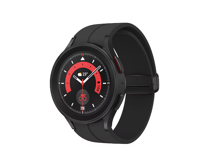 Black smartwatch with round display and side button, black silicone strap shown at angle