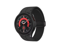 Black smartwatch with round display and side button, black silicone strap shown at angle