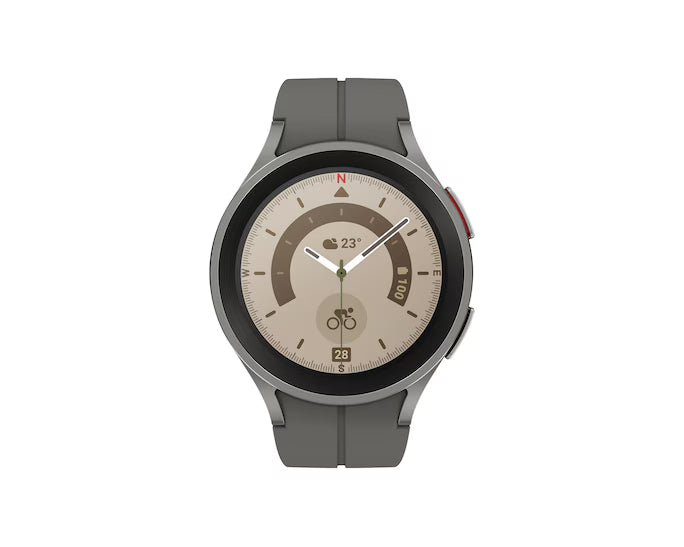 Grey titanium smartwatch with round display, rotating bezel, grey silicone strap