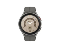 Grey titanium smartwatch with round display, rotating bezel, grey silicone strap