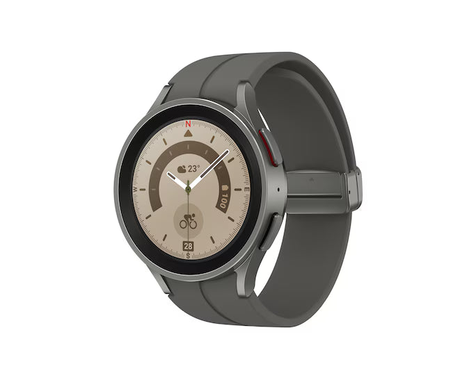Grey smartwatch with round display and curved strap, side button visible at angle