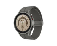 Grey smartwatch with round display and curved strap, side button visible at angle