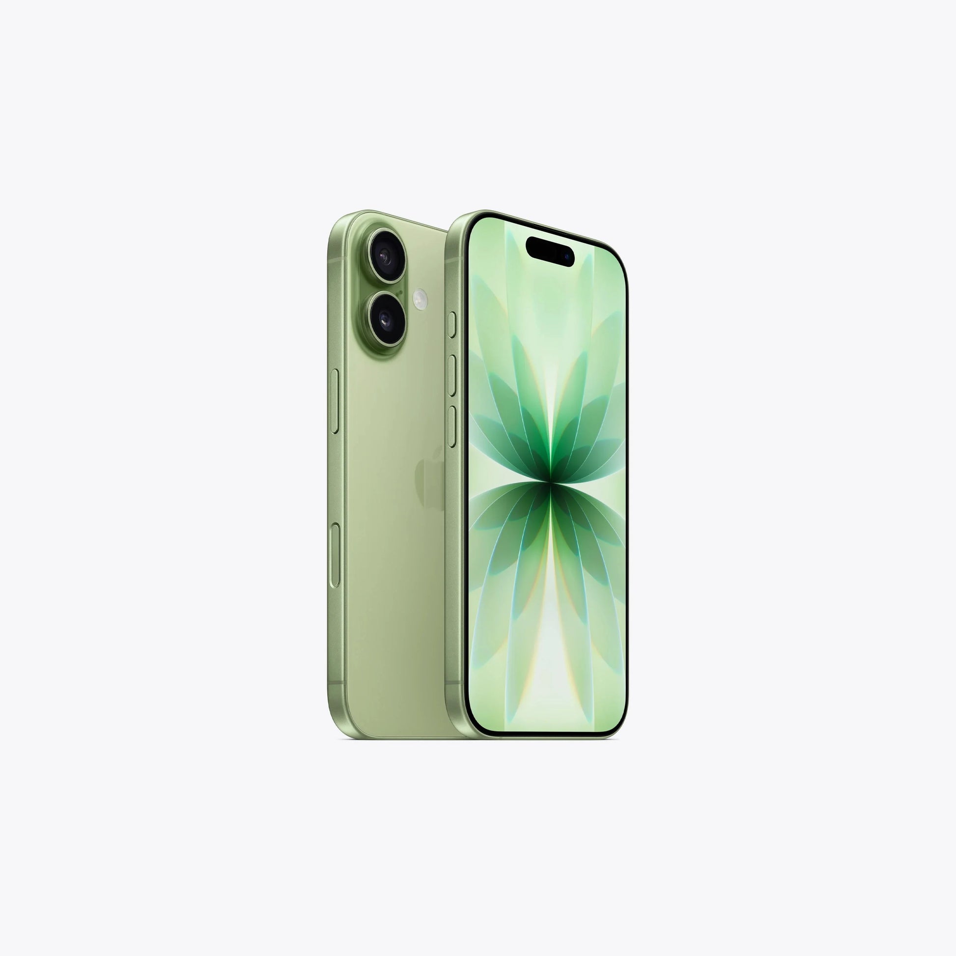 Sage iPhone 17 5G with dual rear cameras and front display shown