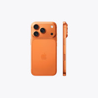 Cosmic Orange iPhone 17 Pro back with side profile, camera bump visible.