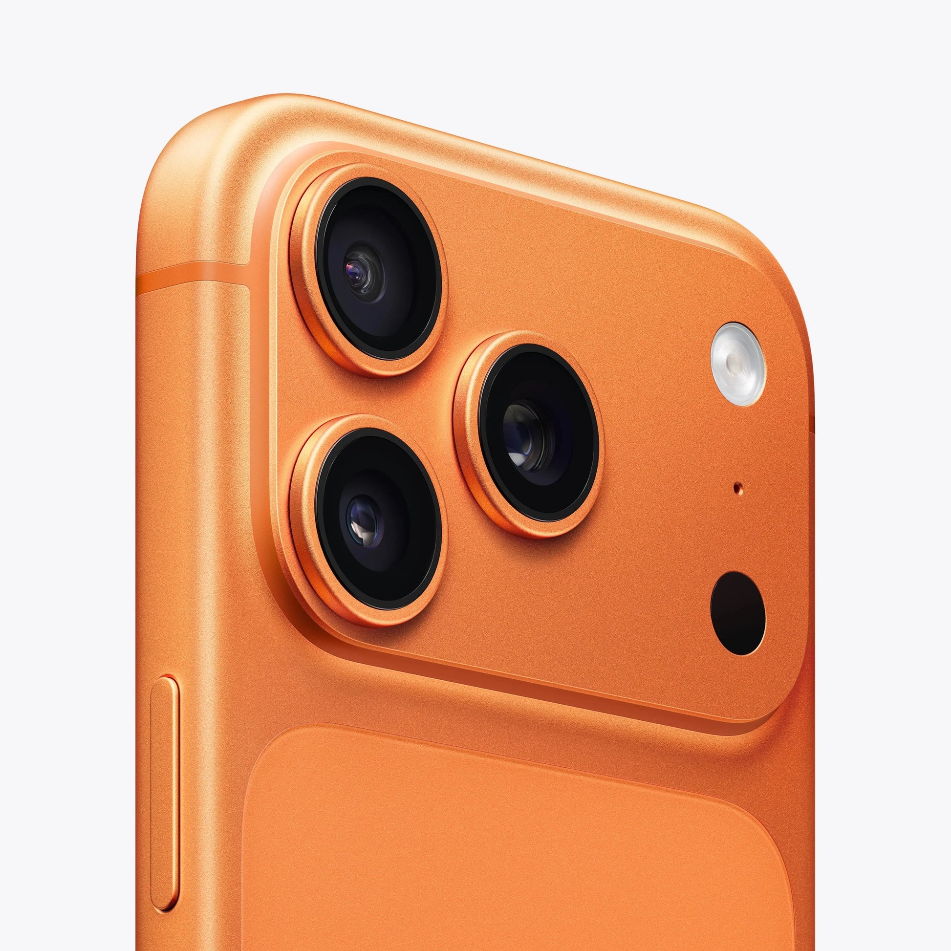 Cosmic Orange iPhone 17 Pro close-up of triple rear cameras and flash.