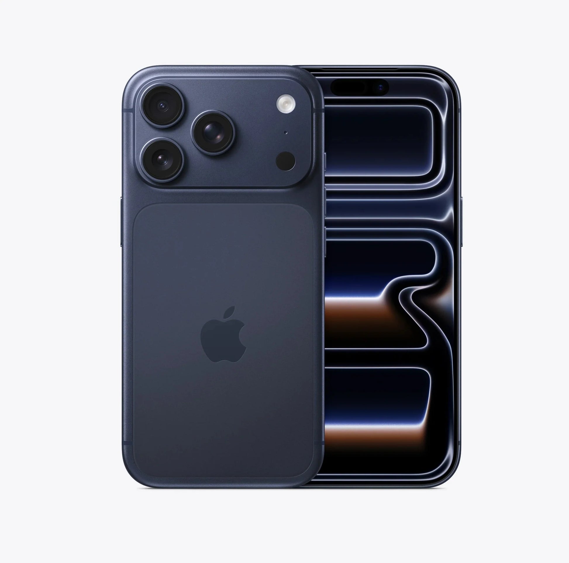 Deep Blue iPhone 17 Pro back and front display, triple-camera layout.