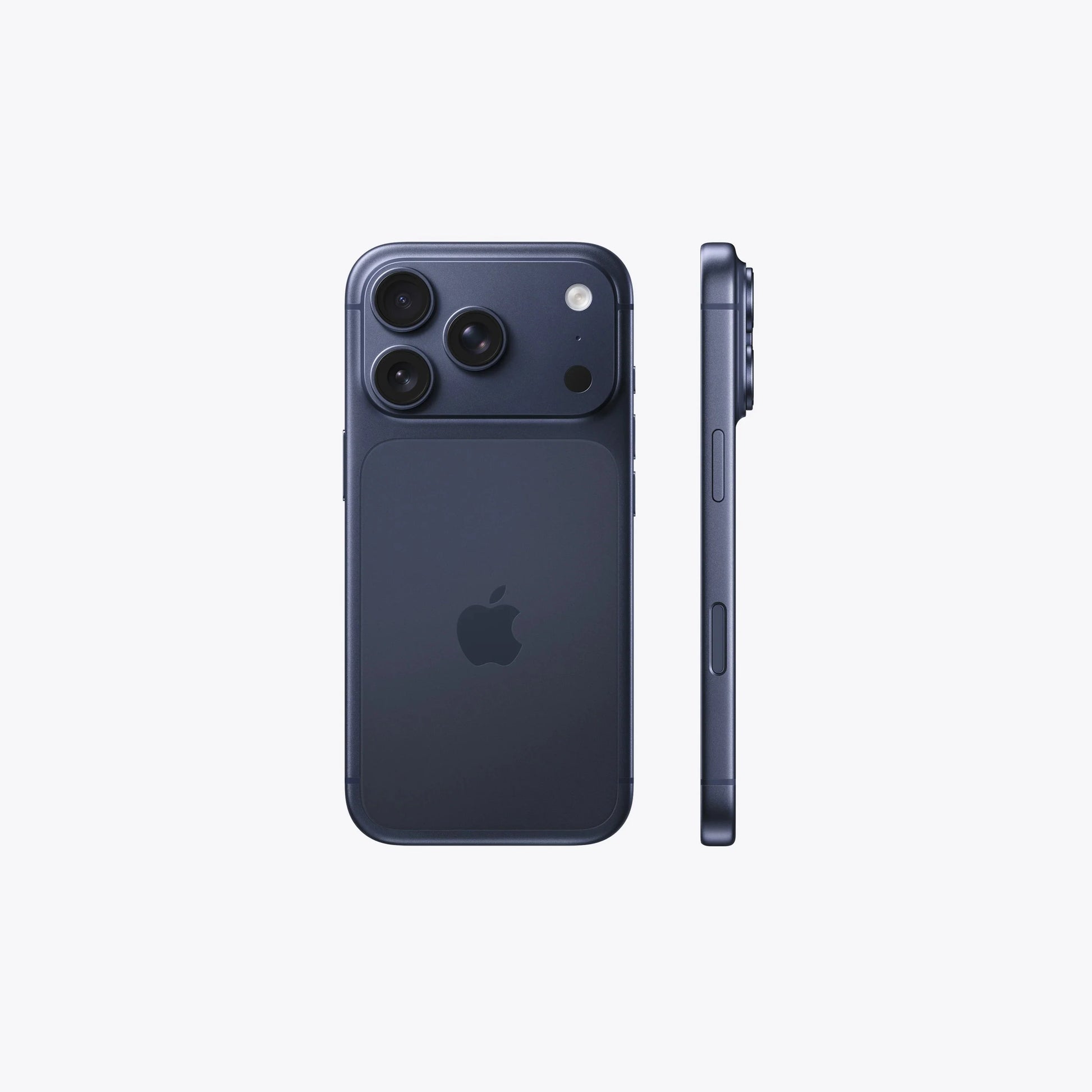 Deep Blue iPhone 17 Pro back with side profile, camera bump visible.