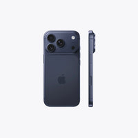 Deep Blue iPhone 17 Pro back with side profile, camera bump visible.