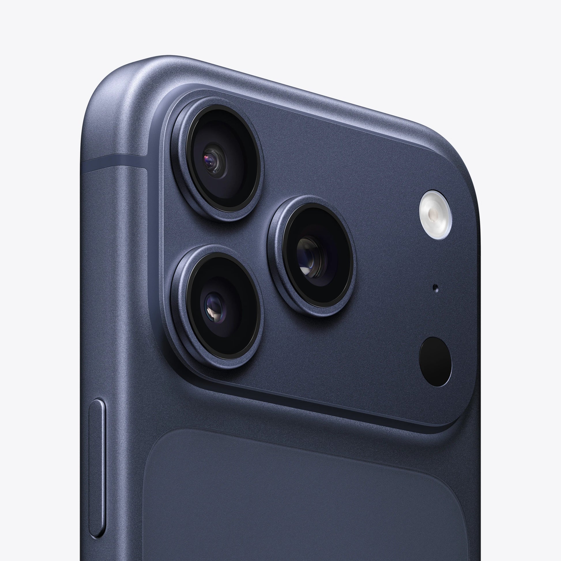 Deep Blue iPhone 17 Pro close-up of triple rear cameras and flash.