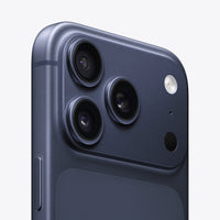 Deep Blue iPhone 17 Pro close-up of triple rear cameras and flash.