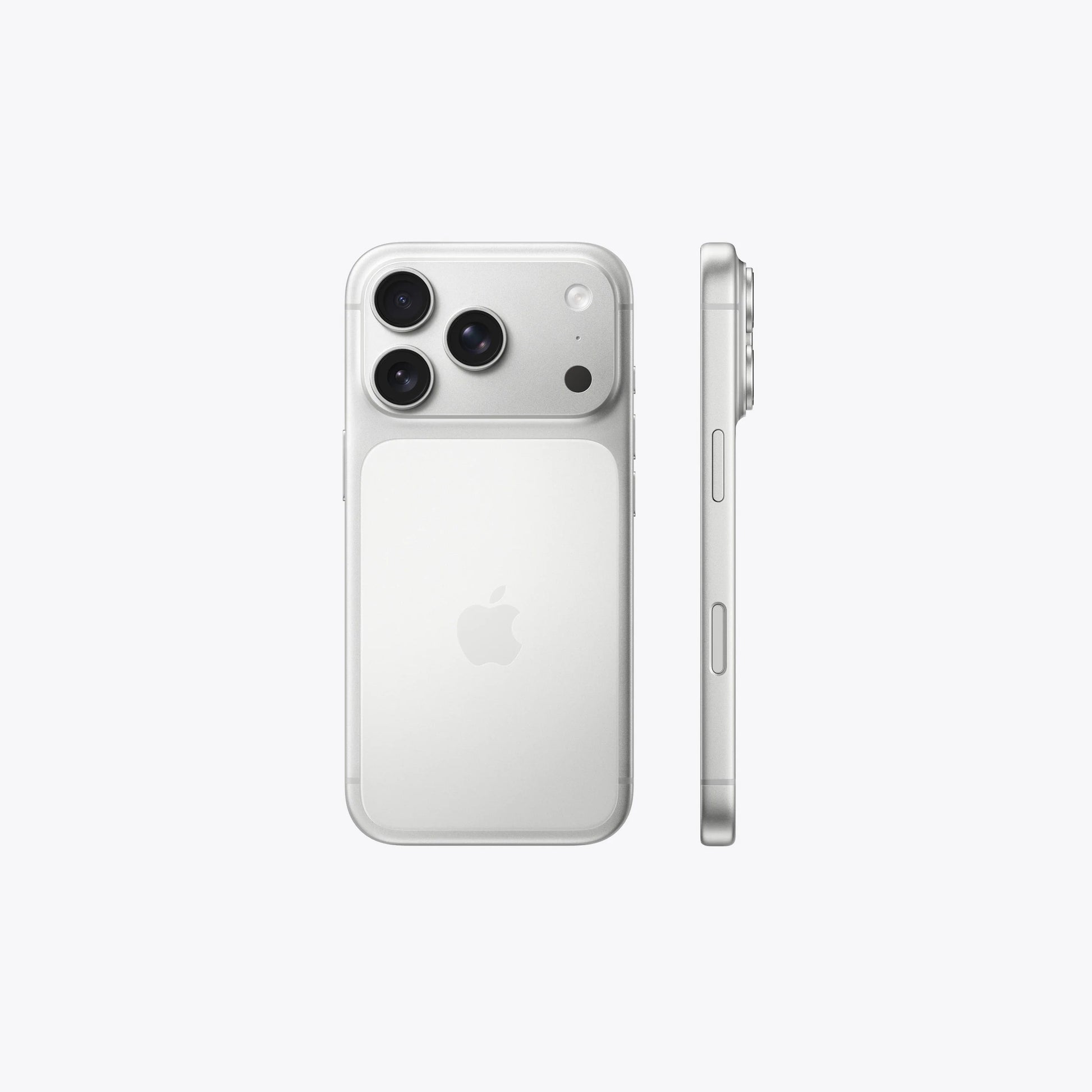 Silver iPhone 17 Pro back with side profile, camera bump visible.