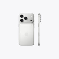 Silver iPhone 17 Pro back with side profile, camera bump visible.
