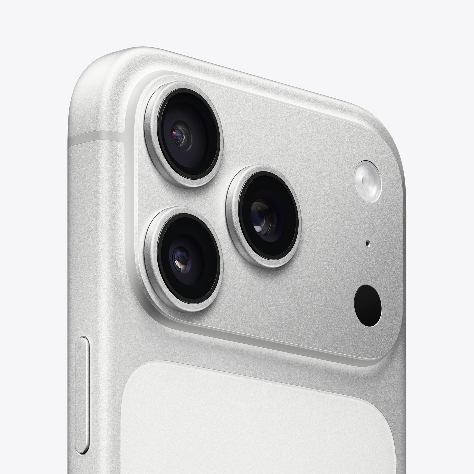 Silver iPhone 17 Pro close-up of triple rear cameras and flash.