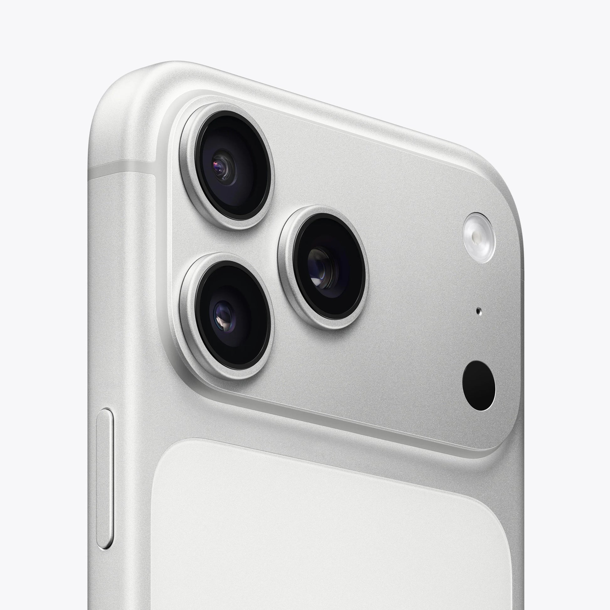 Silver iPhone 17 Pro Max 5G close-up of triple rear camera lenses