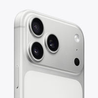 Silver iPhone 17 Pro Max 5G close-up of triple rear camera lenses