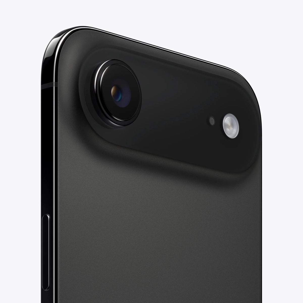 Smartphone back close-up, black finish with large rear camera lens and flash