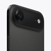 Smartphone back close-up, black finish with large rear camera lens and flash