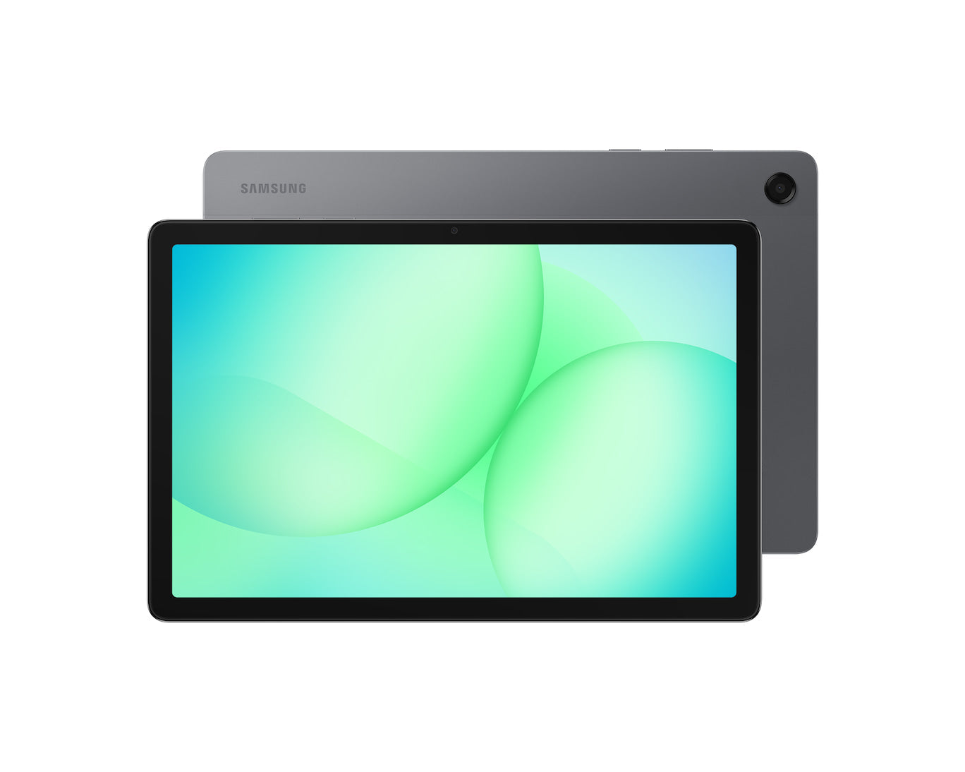 Galaxy Tab A11 Plus tablet front with green abstract display, gray back