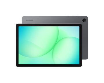 Galaxy Tab A11 Plus tablet front with green abstract display, gray back