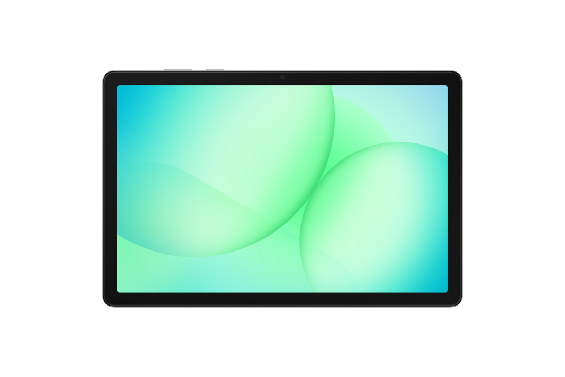 Galaxy Tab A11 Plus tablet front view with green abstract display, dark bezel