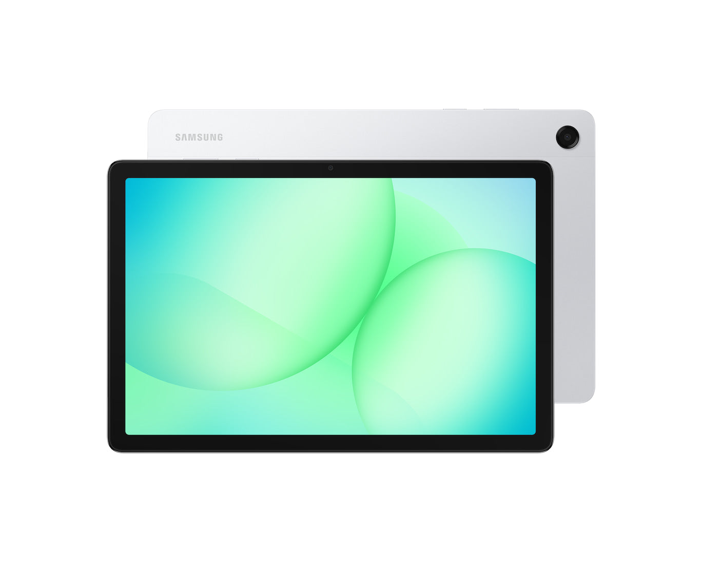 Galaxy Tab A11 Plus tablet front with green abstract display, light gray back