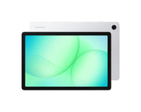 Galaxy Tab A11 Plus tablet front with green abstract display, light gray back