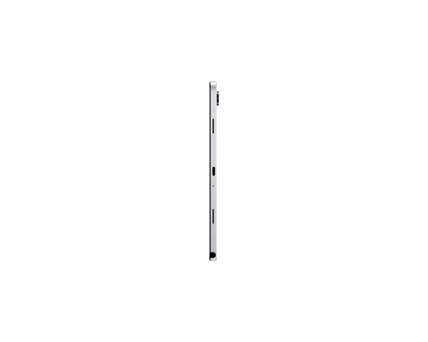 Galaxy Tab A11 Plus opposite side view, slim silver-gray tablet with port cutouts