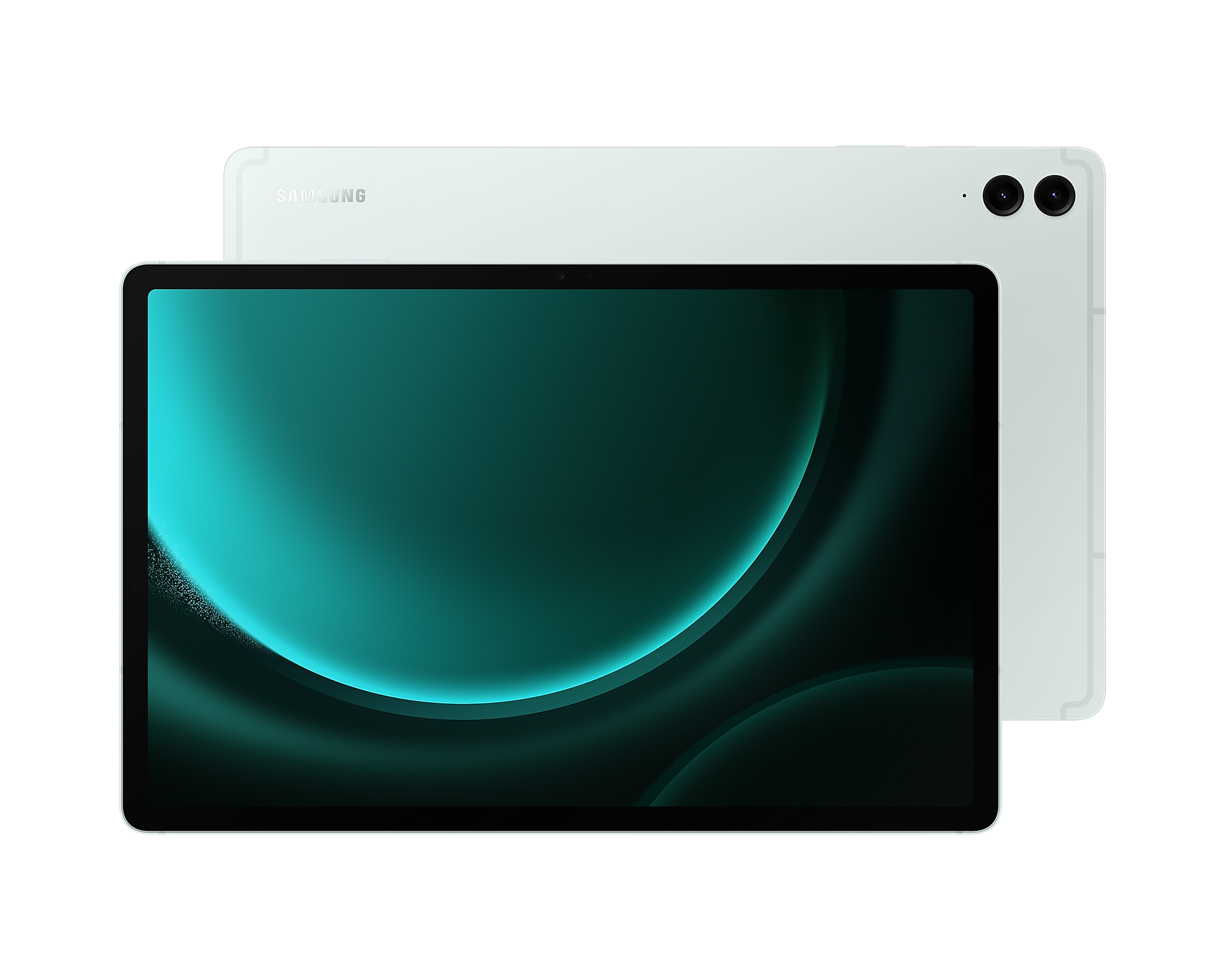 Galaxy Tab S9 FE+ 5G tablet in light green, front screen and back dual cameras