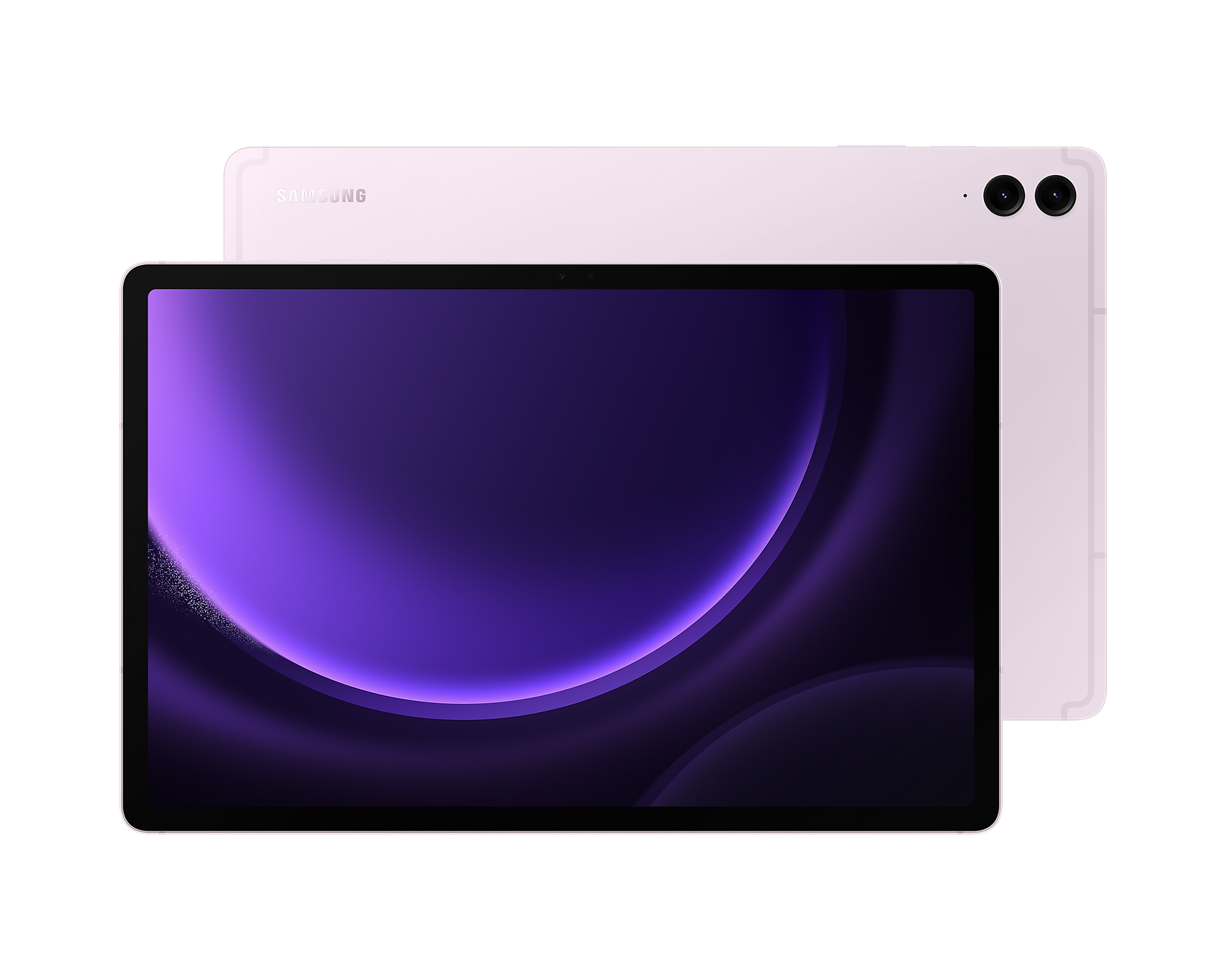 Galaxy Tab S9 FE+ 5G tablet in lavender, front display and dual rear cameras