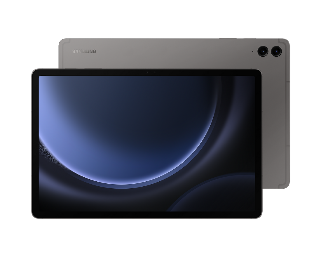 Galaxy Tab S9 FE+ 5G tablet in gray, front display and rear cameras visible